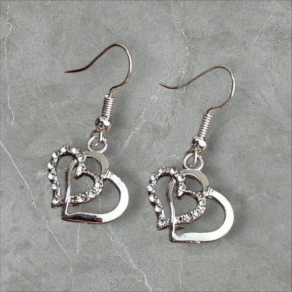 Rhinestone Double Heart Charm Silver Tone Hook Earrings - Picture 1 of 1
